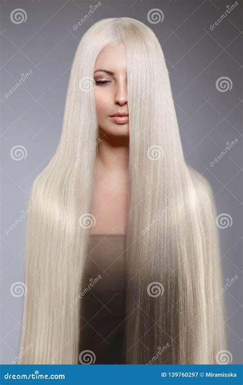 Model Blonde With Long Healthy Shiny Hair Woman Wearing Hair Stock