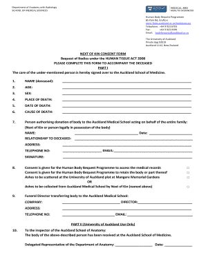 Fillable Online Fmhs Auckland Ac Next Of Kin Consent Form Bequest Of