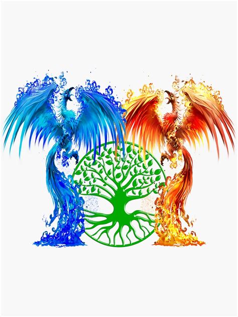 Fantasy Fire And Ice Phoenix Green Tree Of Life Sticker By Atteestude