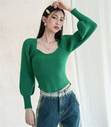 MUSINSA AVANDRESS Square Neck Balloon Knitwear GREEN