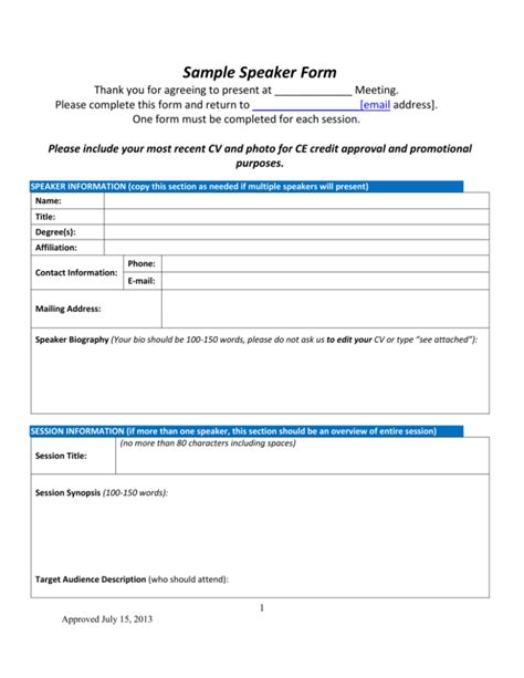 Sample Speaker Form