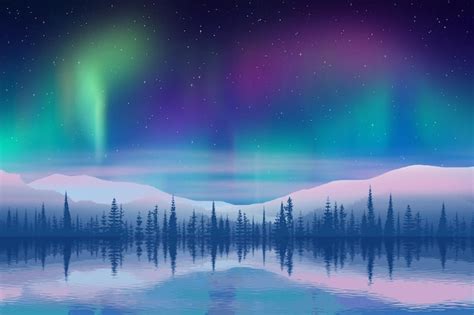 Aurora boreal reflejada en el agua ilustración de vacaciones de