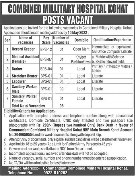 Combined Military Hospital Cmh Kohat Jobs For Civilians