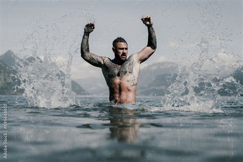 Naked Muscular Hispanic Man Splashing Water In Lake Attractive Male Sexy Model In Water