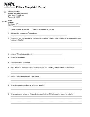 Fillable Online Ethics Complaint Form National Speakers Association