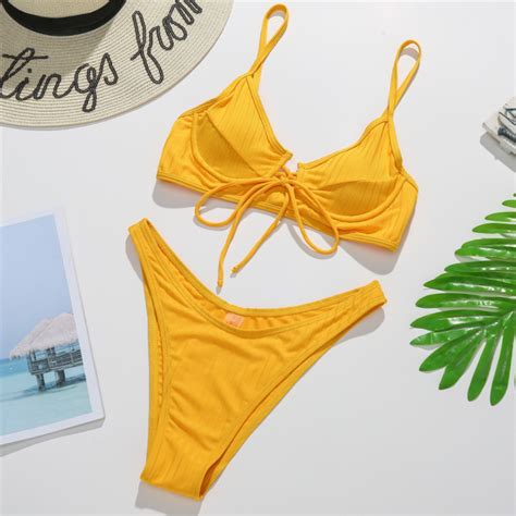 New Sexy Gathered Bikini Solid Color High Waist Swimsuit Lazada Co Th