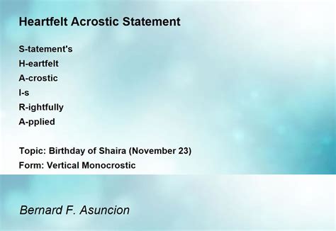 Heartfelt Acrostic Statement By Bernard F Asuncion Heartfelt