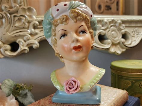 Vintage Ucagco Lady Head Vase Japan S Curly Blonde Green