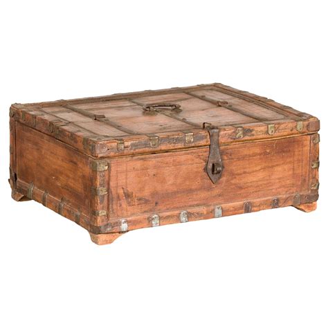rustic indian document wooden box  brass details  partial