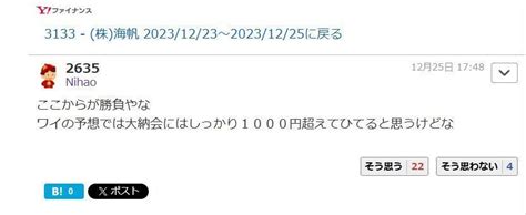 No248377 今日850円以上で終わらないと 3133 株海帆 20231228 株式掲示板 Yahooファイナンス