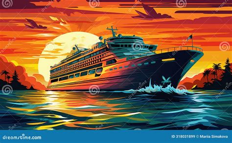 Cruise into the Sunset Cartoon Illustration - Generative AI. Sunset ...