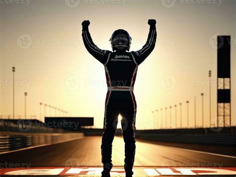 race car driver celebrating the win in a race against bright stadium