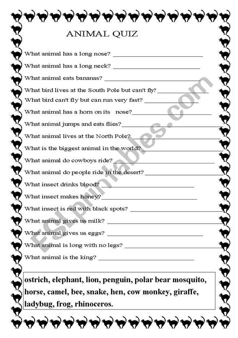 Animal Quiz Esl Worksheet By Teacher0633