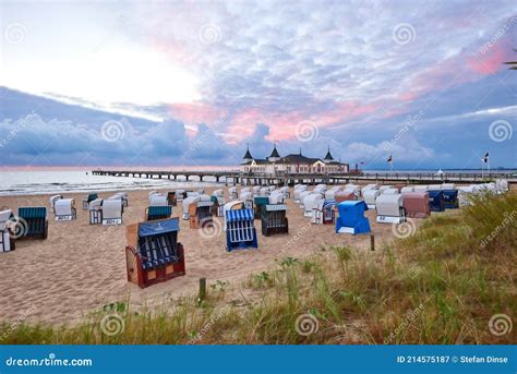 Morning Time At Baltic Sea Beach And Sight Ahlbeck Pier In Sunrise