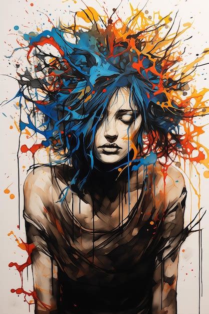 Mujer Cabello Azul Salpicaduras De Pintura Naranja Impresionante