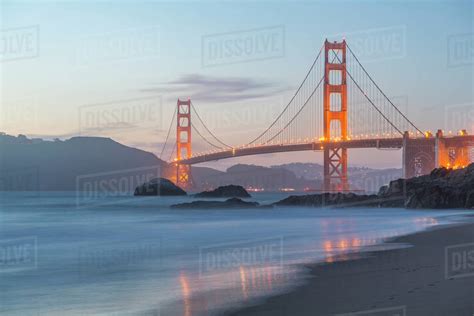 View Of Golden Gate Bridge From Baker Beach At Dusk South Bay San