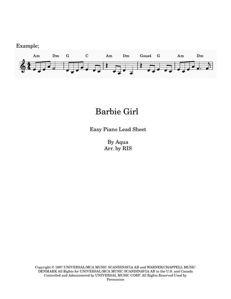 Barbie Girl Arr Ris Sheet Music Aqua Piano Vocal And Guitar Chords