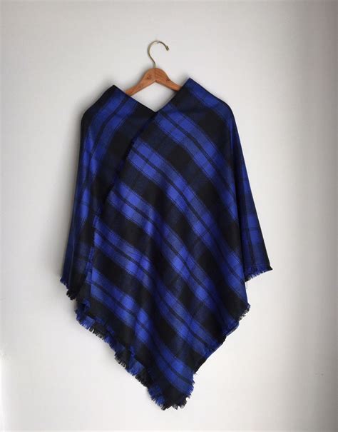 Plaid Flannel Poncho Blue Plaid Ponchoflannel Poncho Black And Blue Poncho Womens Cape