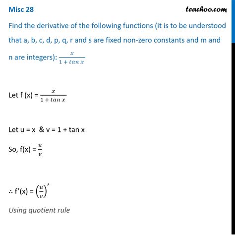 Misc 28 Find Derivative X 1 Tan X Chapter 13 Class 11