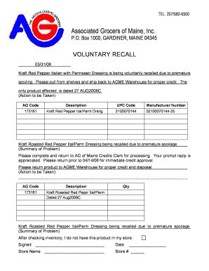 Fillable Online VOLUNTARY RECALL FORM Doc Fax Email Print PdfFiller