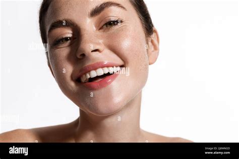 Beauty Face Of Woman Touch Clean And Fresh Hydrated Skin Perfect Facial Nude Makeup And Smile