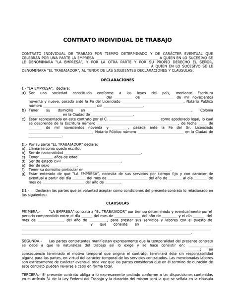 Contrato Obra Labor Modelo De Contrato Individual De Trabajo De Por