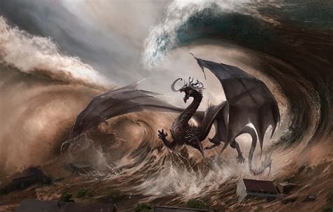 Wallpaper The City Dragon Wave Fantasy Dragon Art Fiction