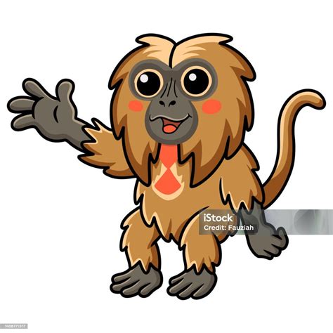 kartun monyet gelada kecil  lucu melambaikan tangan ilustrasi stok