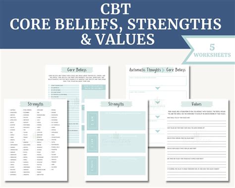 CBT Core Beliefs, Values and Strengths Worksheet Bundle