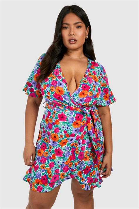 Plus Floral Print Wrap Ruffle Tea Dress Boohoo Uk