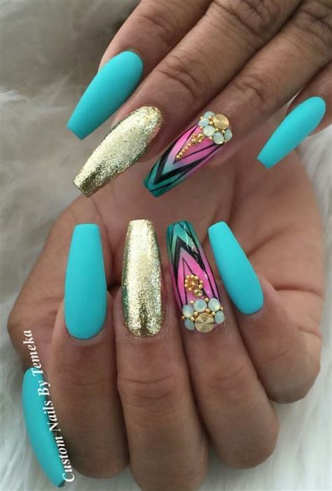 Turquoise Blue Matte Gold Nails Design Nailart Glam Nails Hot Nails