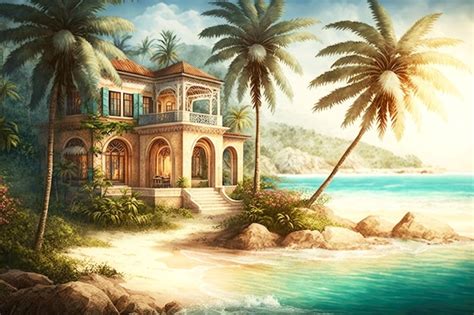 Paysage De Paradis Tropical Avec Villa En Bord De Mer Et Palmiers Sur