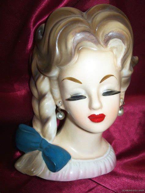 Beautiful Enesco Lady Head Vase French Braid Blue Bow Vintage Rare