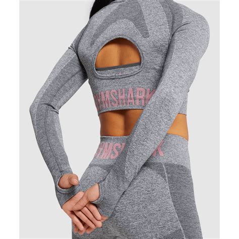 Gym Shark Flex Sports Long Sleeve Crop Top Charcoal Marl Pink