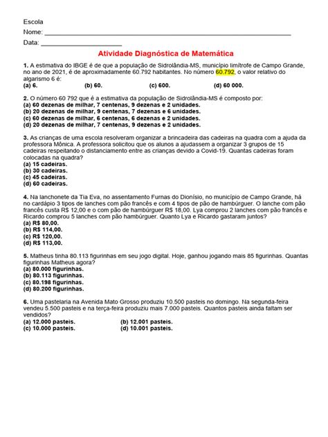 5º Ano Matemática Avaliação Diagnóstica | PDF