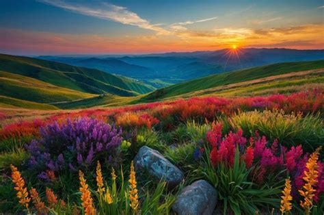Premium Photo | A field of flowers with mountains in the background