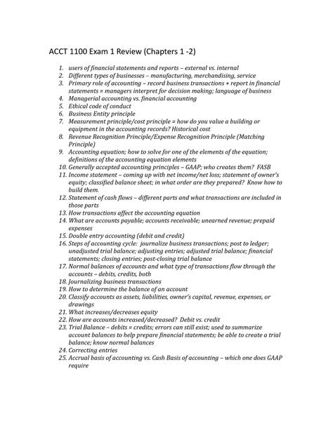 ACCT 1100 Exam 1 Review Cengage - ACCT 1100 Exam 1 Review (Chapters 1