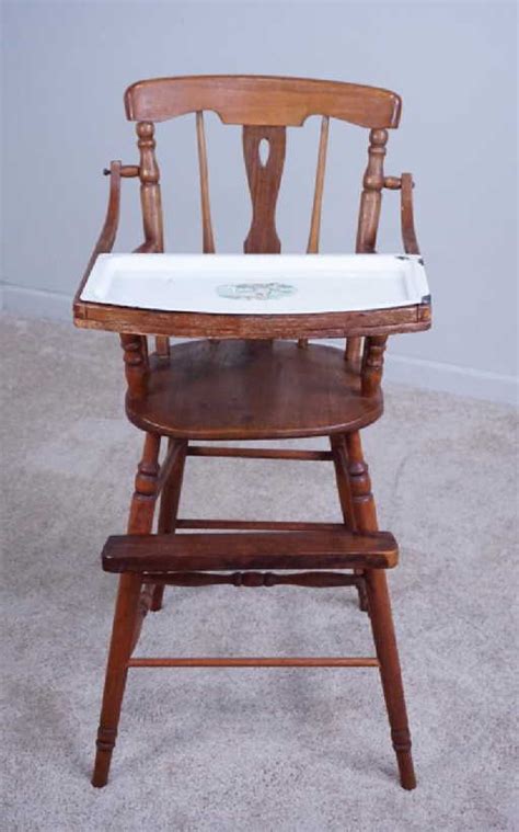 ANTIQUE WOOD HIGH CHAIR WITH ENAMEL TRAY