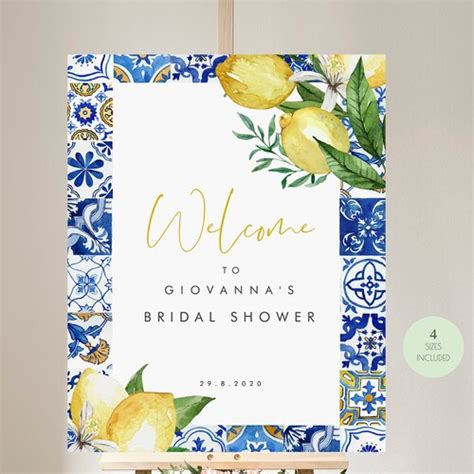 Lemon Bridal Shower Favor Tags Template Italian Blue Tiles Etsy