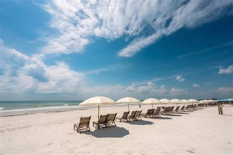 Beautiful beach, White sand, chairs and umbrella summer vacation