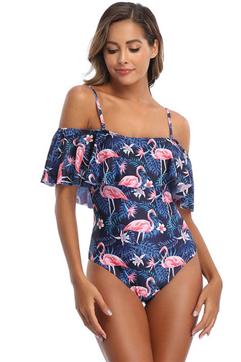 Off shoulder Flamingo pattern one piece swimsuit – Iyasson