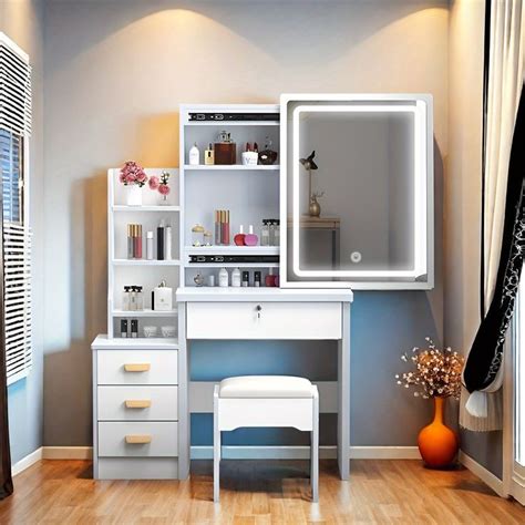 Temu｜White Dressing Table With Sliding Mirror & Stool 4 Drawers Home