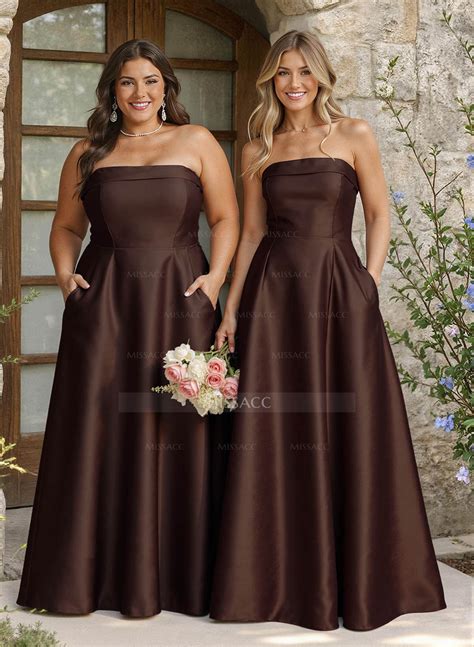 A-Line Strapless Sleeveless Floor-Length Satin Bridesmaid Dresses With