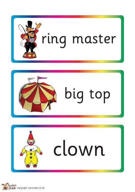 Three Different Words With Clowns And Circus Tent In The Middle One Word Is Ring Master Big Top