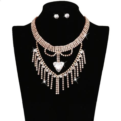 Women Fashion Jewelry Set Short Stone Crystal Cluster Tassel Maxi Statement Chunky Choker