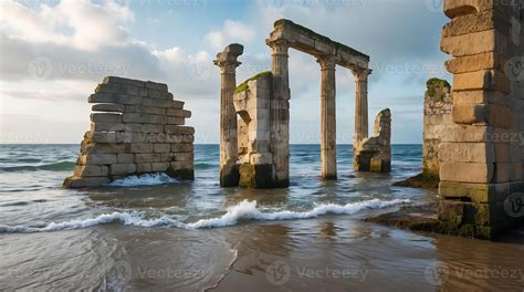 Ancient ruins partially submerged in waves illustrating the impact of