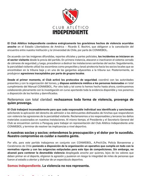 Comunicado oficial de Independiente sobre lo ocurrido en el estadio