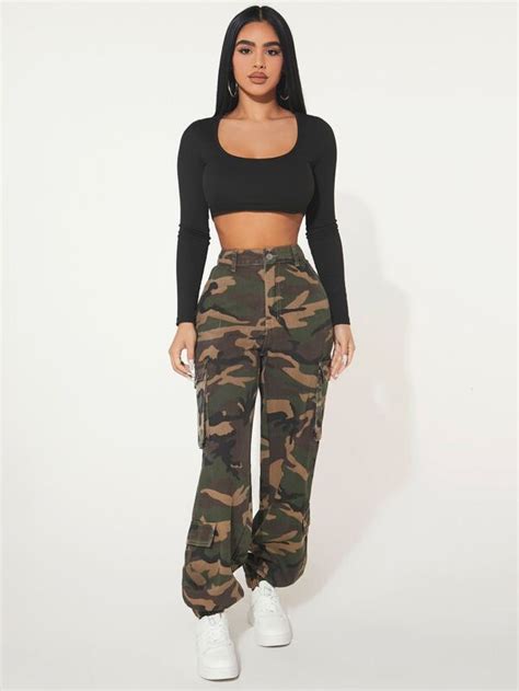 Shein Sxy Camo Print Flap Pocket Side Cargo Jeans Shein Usa