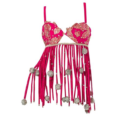S Hot Pink And Silver Poly Rayon Crystal Studded Velvet Fringe Showgirl Bra P For Sale At