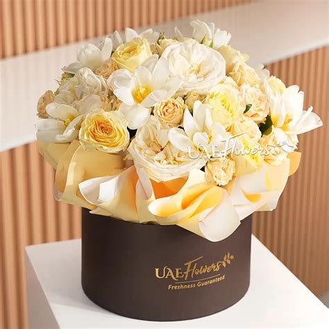 Peach Roses And Tulips In Elegant Round Box